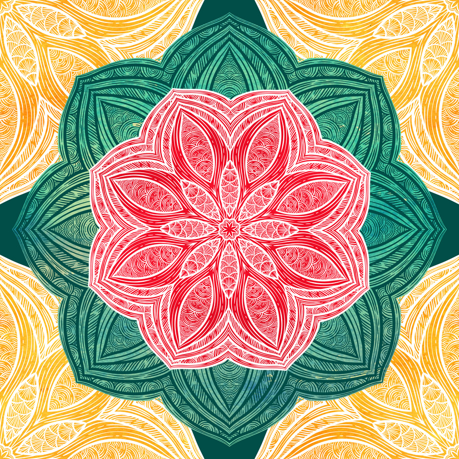 Seamless pattern with floral and ethnic elements. Round kaleidoscope